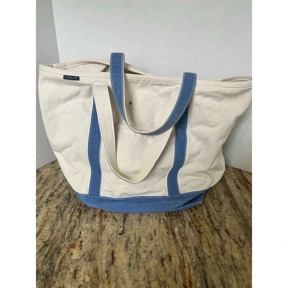 Vintage Lands End Tote 90s Blue White Canvas Large 5 Pocket Double Handle